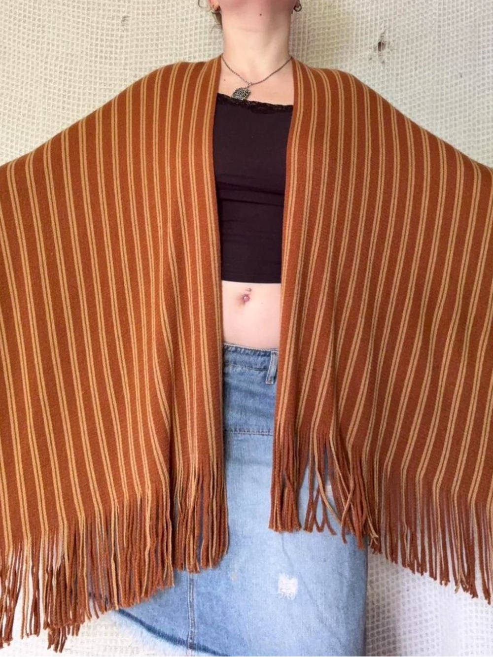 & Other Stories Rust and Cream Striped Fringe Knit Poncho
